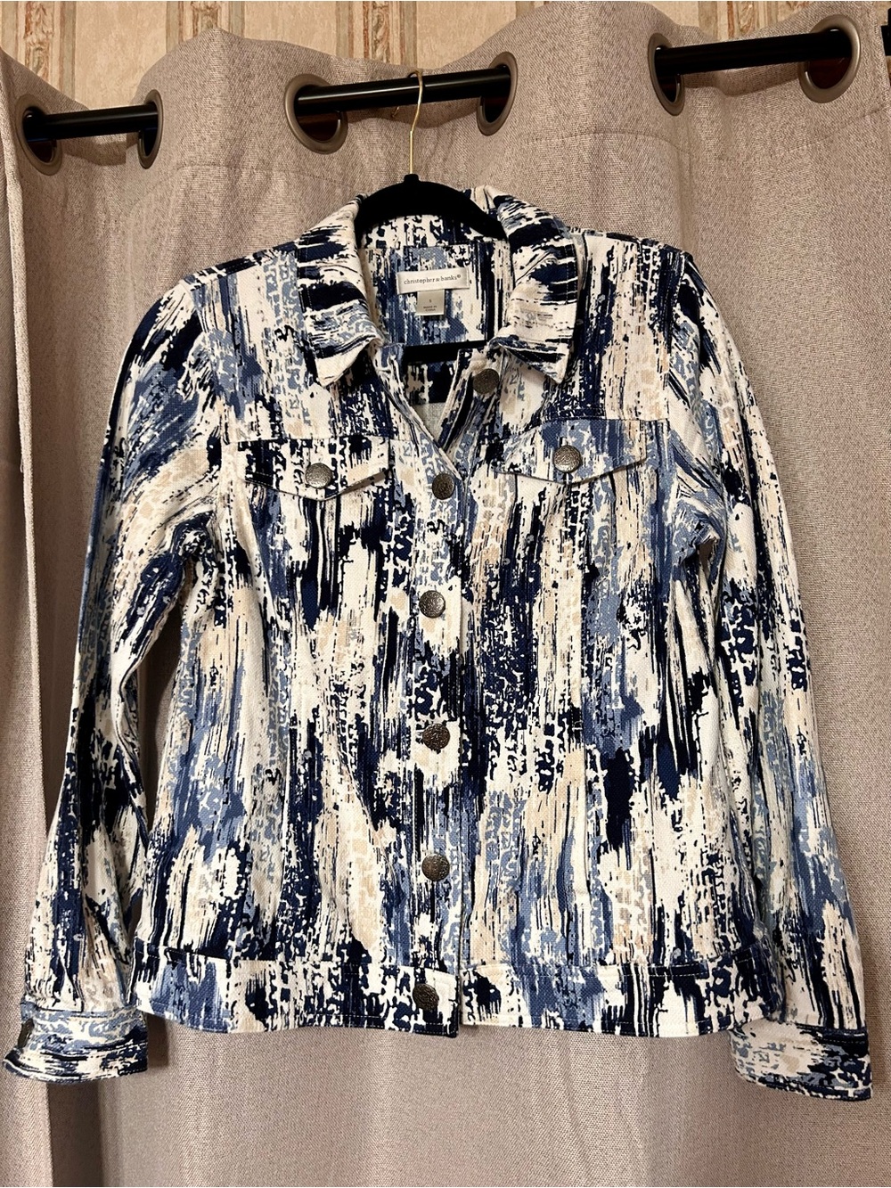 Christopher & Banks Blue/White Abstract Print Jacket Silver Tone Buttons Small